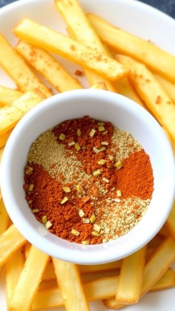A bowl of fry seasoning next to a plate of crispy fries.
